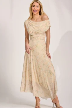 Asymmetric Draped Mesh Maxi Dress, Yellow Check