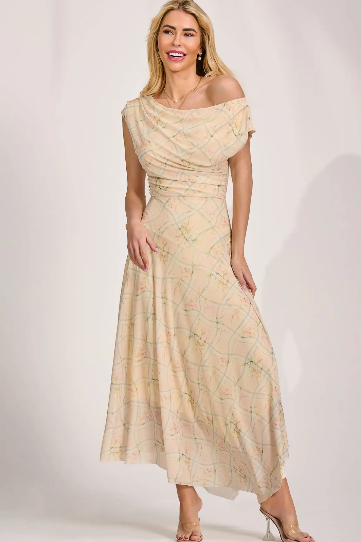 Asymmetric Draped Mesh Maxi Dress, Yellow Check
