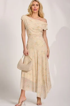 Asymmetric Draped Mesh Maxi Dress, Yellow Check