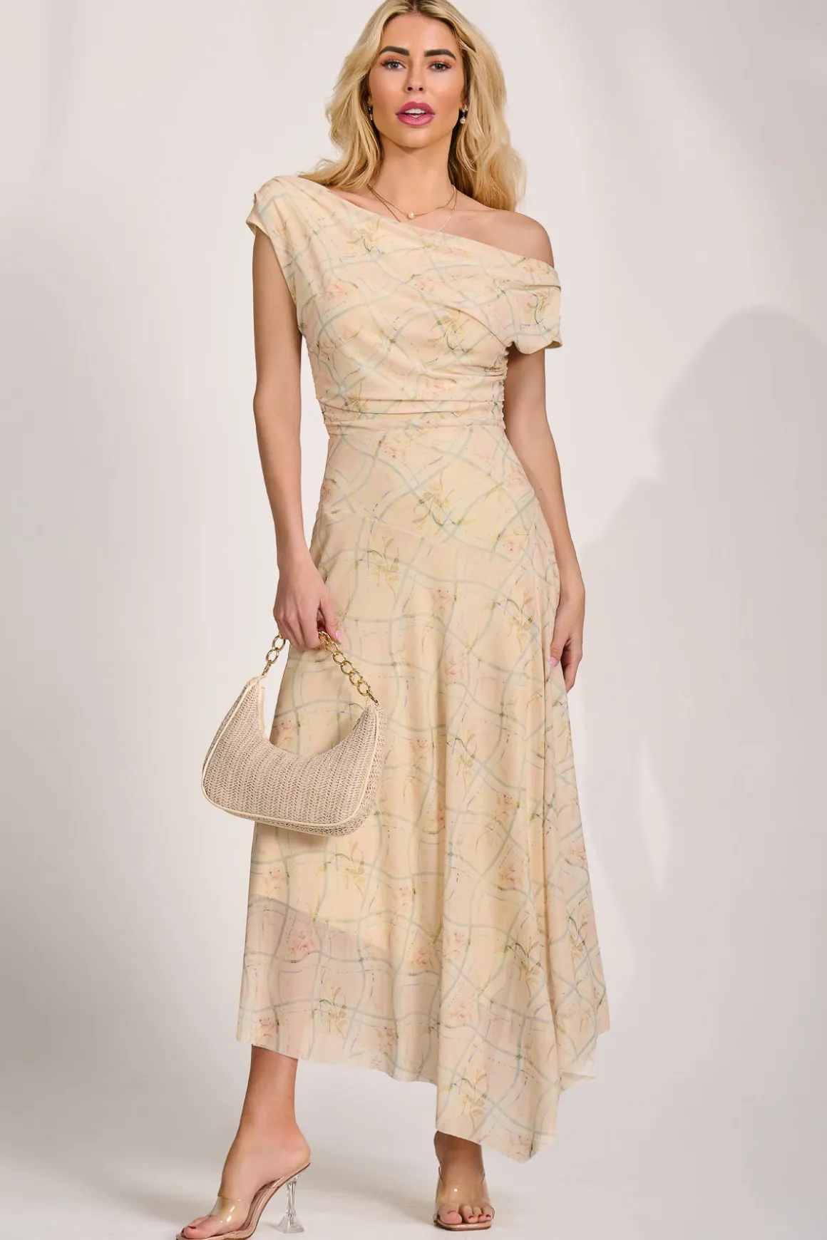 Asymmetric Draped Mesh Maxi Dress, Yellow Check