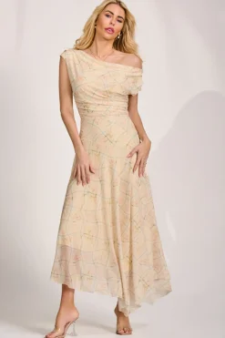 Asymmetric Draped Mesh Maxi Dress, Yellow Check