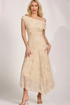 Asymmetric Draped Mesh Maxi Dress, Yellow Check