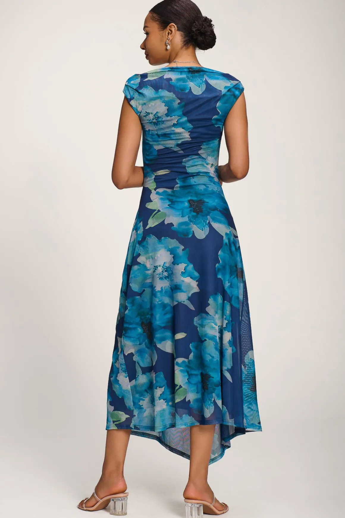Asymmetric Draped Mesh Midaxi Dress, Blue Floral