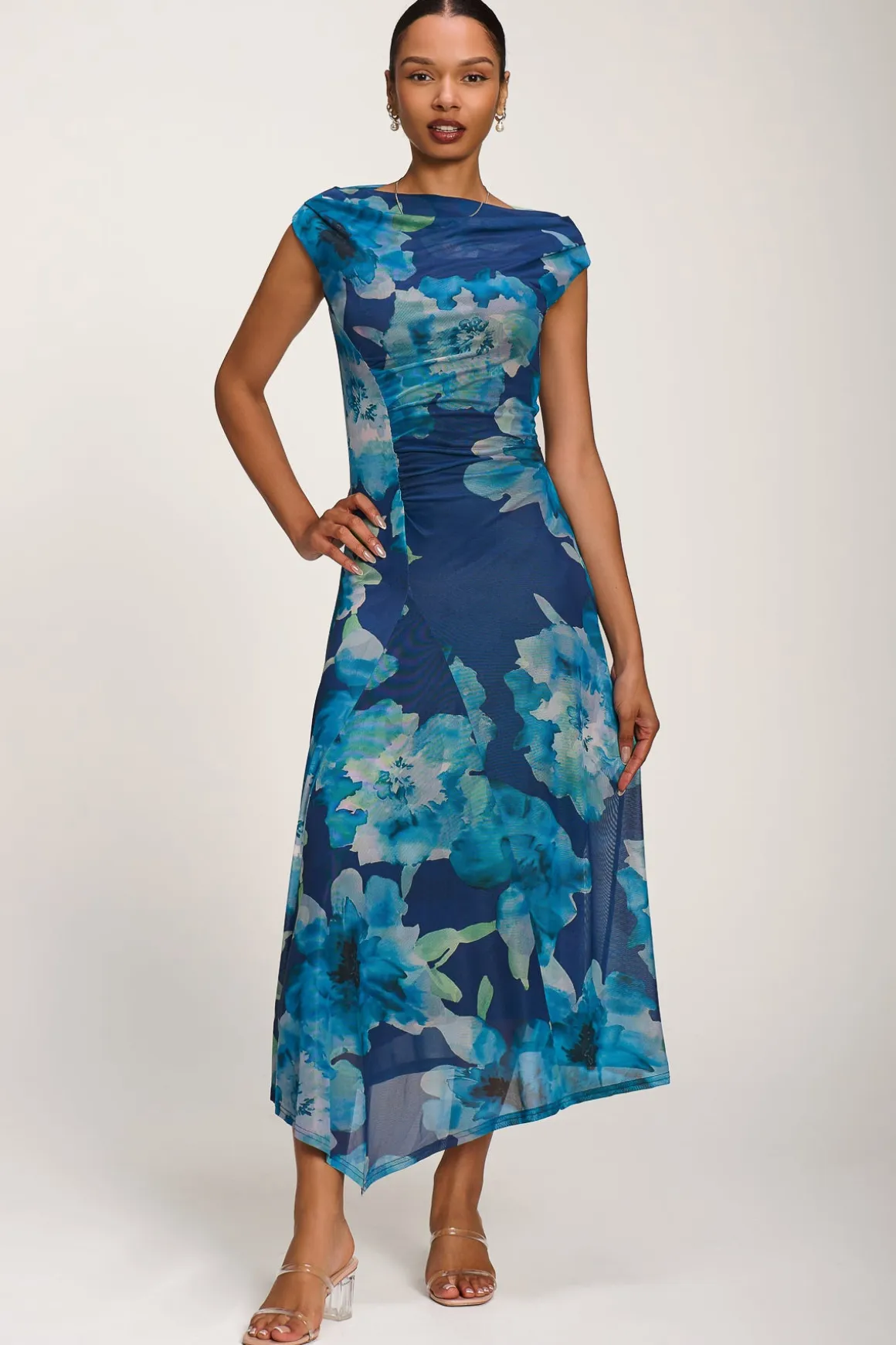 Asymmetric Draped Mesh Midaxi Dress, Blue Floral