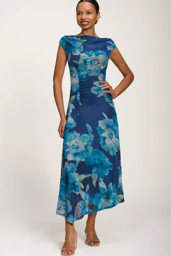 Asymmetric Draped Mesh Midaxi Dress, Blue Floral