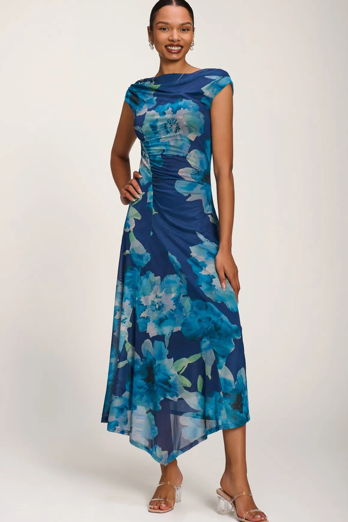 Asymmetric Draped Mesh Midaxi Dress, Blue Floral