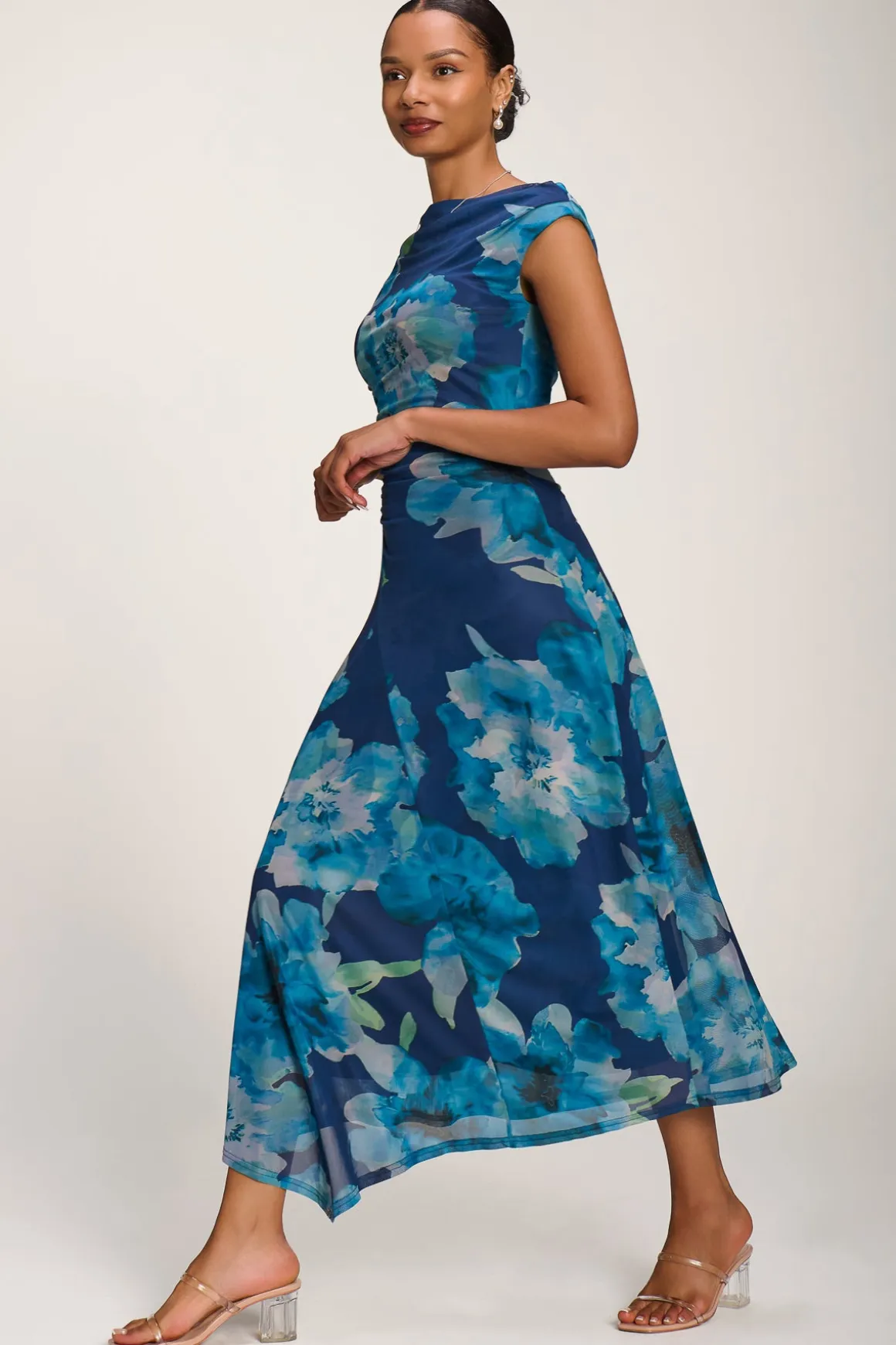 Asymmetric Draped Mesh Midaxi Dress, Blue Floral
