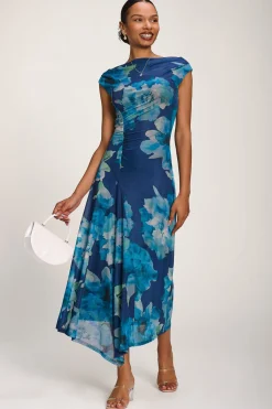 Asymmetric Draped Mesh Midaxi Dress, Blue Floral