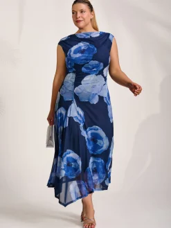 Asymmetric Draped Mesh Midaxi Dress, Blue Floral