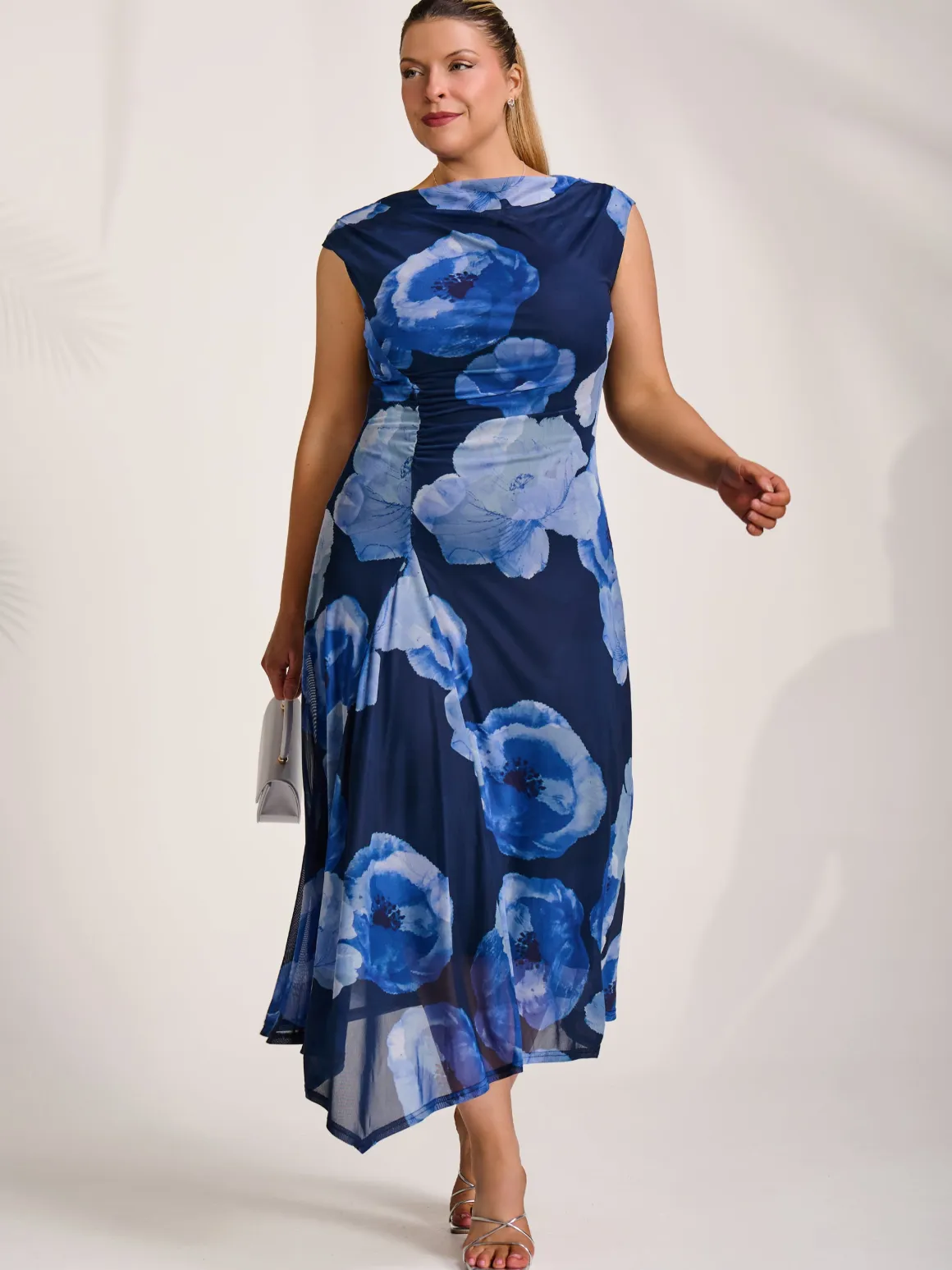 Asymmetric Draped Mesh Midaxi Dress, Blue Floral