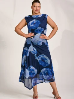 Asymmetric Draped Mesh Midaxi Dress, Blue Floral