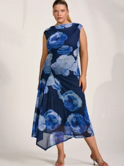 Asymmetric Draped Mesh Midaxi Dress, Blue Floral