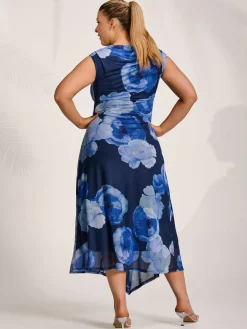 Asymmetric Draped Mesh Midaxi Dress, Blue Floral