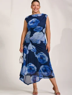 Asymmetric Draped Mesh Midaxi Dress, Blue Floral