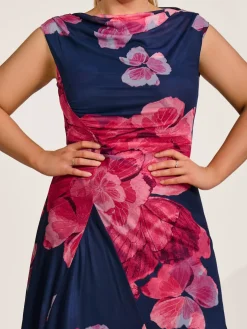 Asymmetric Draped Mesh Midaxi Dress, Fuchsia Floral
