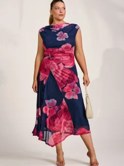 Asymmetric Draped Mesh Midaxi Dress, Fuchsia Floral