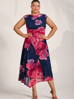 Asymmetric Draped Mesh Midaxi Dress, Fuchsia Floral