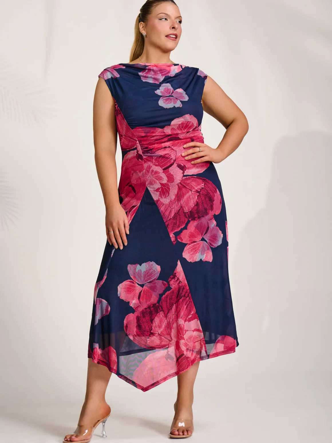 Asymmetric Draped Mesh Midaxi Dress, Fuchsia Floral