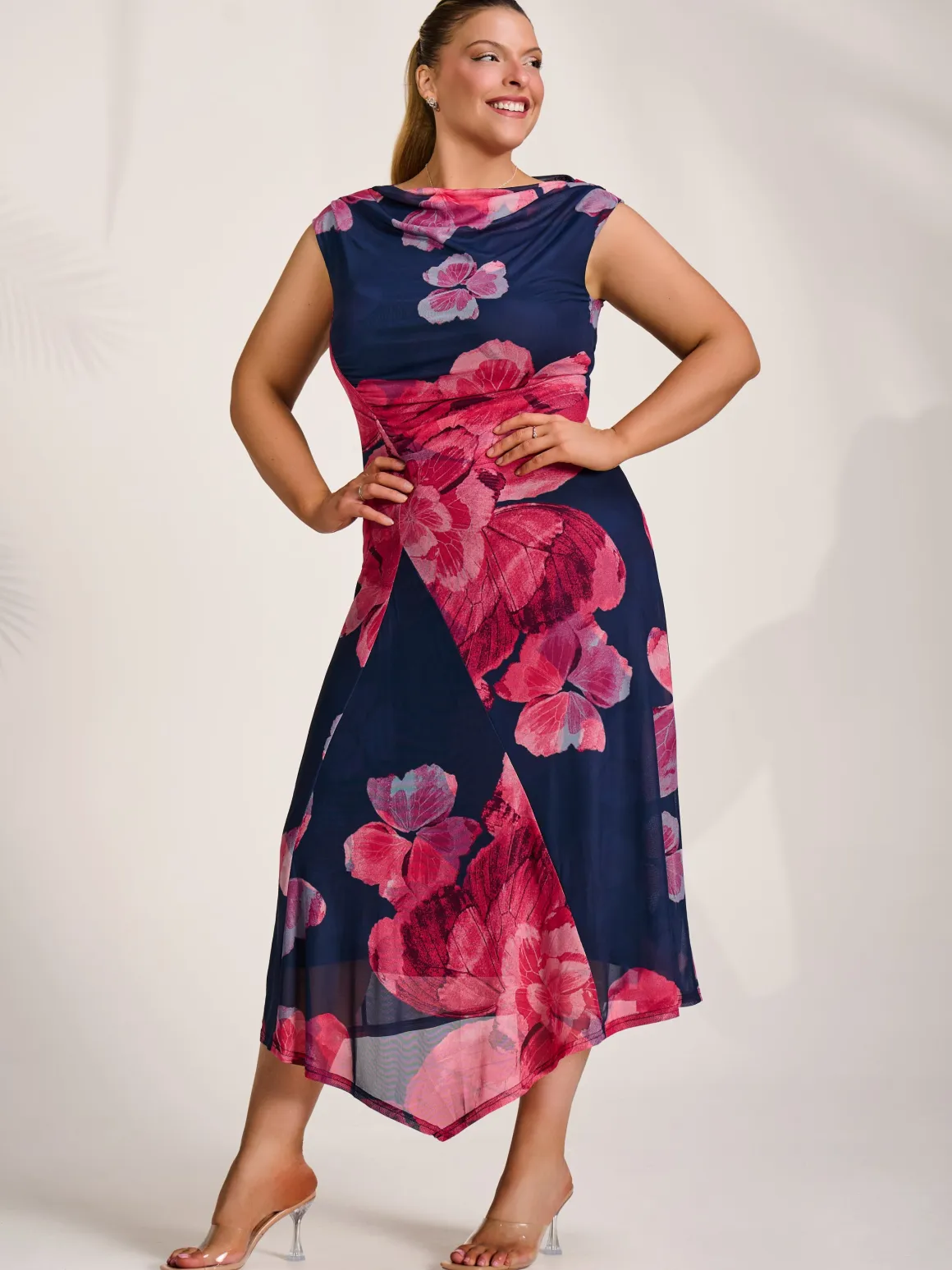 Asymmetric Draped Mesh Midaxi Dress, Fuchsia Floral