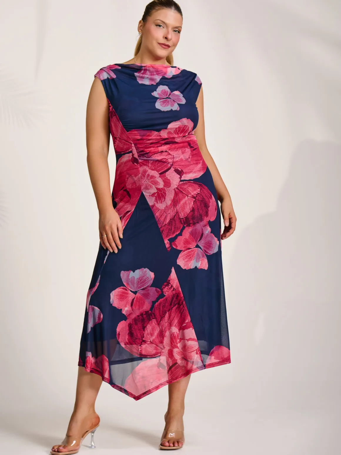 Asymmetric Draped Mesh Midaxi Dress, Fuchsia Floral