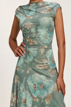 Asymmetric Draped Mesh Midaxi Dress, Green Floral