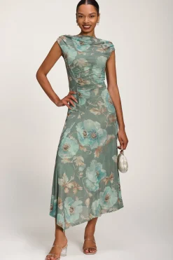 Asymmetric Draped Mesh Midaxi Dress, Green Floral
