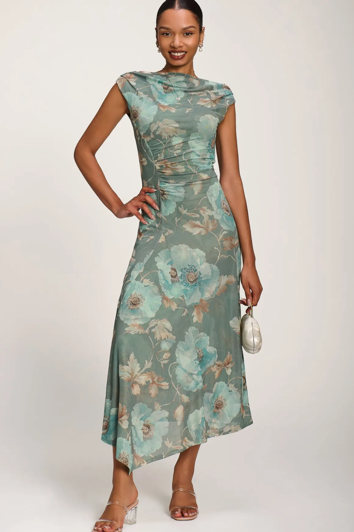 Asymmetric Draped Mesh Midaxi Dress, Green Floral