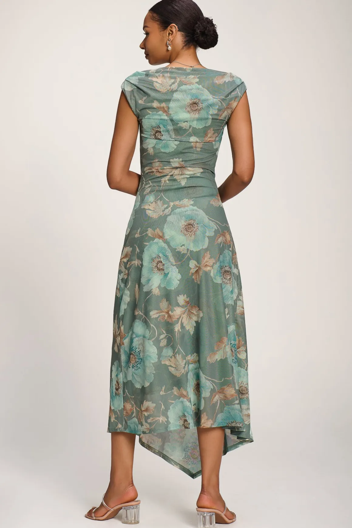 Asymmetric Draped Mesh Midaxi Dress, Green Floral
