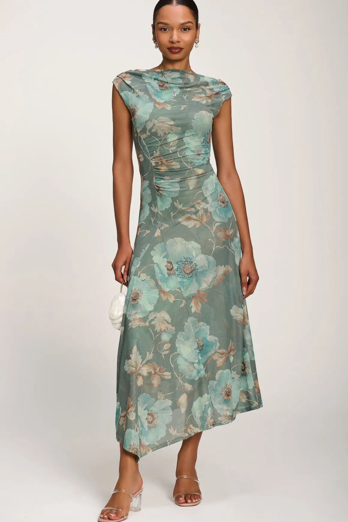 Asymmetric Draped Mesh Midaxi Dress, Green Floral