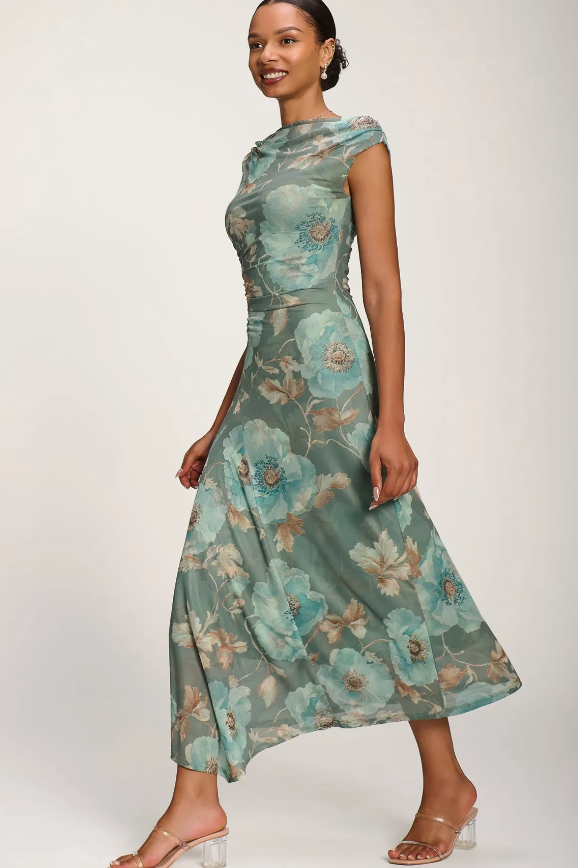 Asymmetric Draped Mesh Midaxi Dress, Green Floral