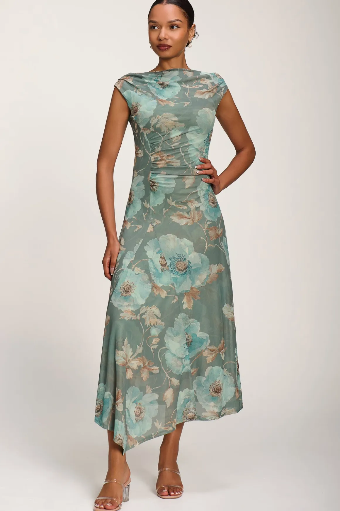 Asymmetric Draped Mesh Midaxi Dress, Green Floral