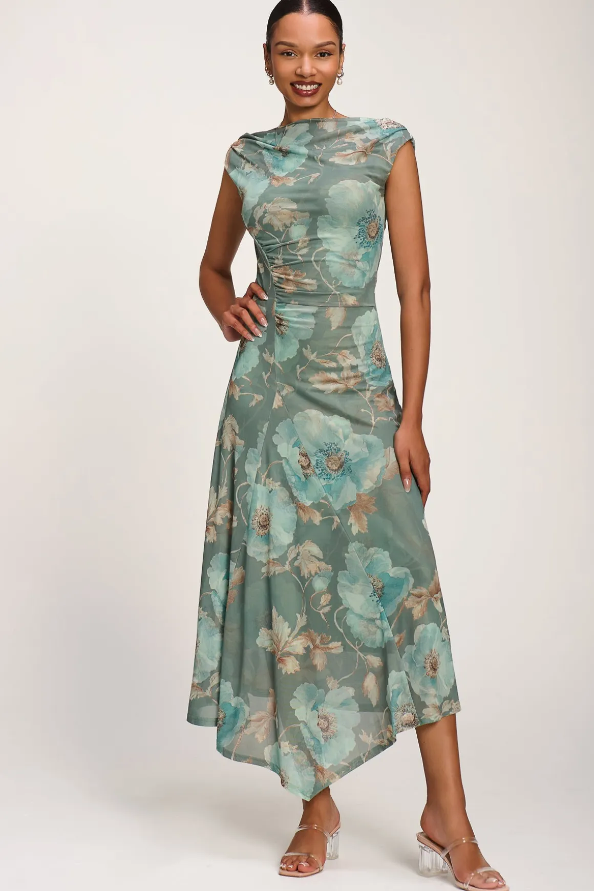 Asymmetric Draped Mesh Midaxi Dress, Green Floral