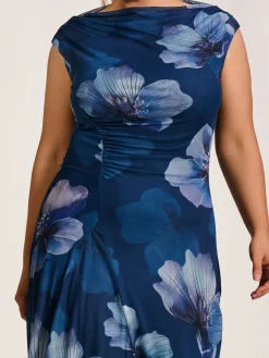 Asymmetric Draped Mesh Midaxi Dress, Navy Floral