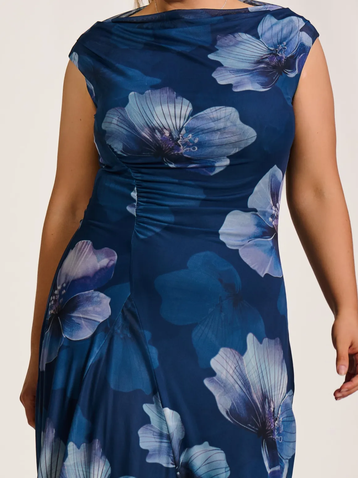 Asymmetric Draped Mesh Midaxi Dress, Navy Floral