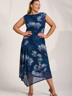 Asymmetric Draped Mesh Midaxi Dress, Navy Floral