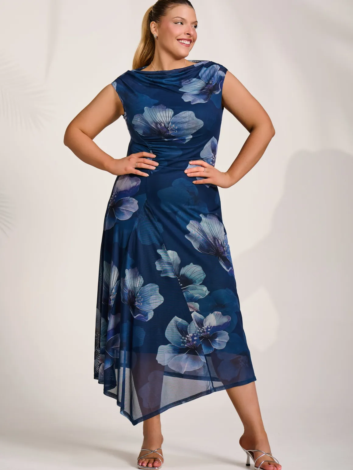 Asymmetric Draped Mesh Midaxi Dress, Navy Floral
