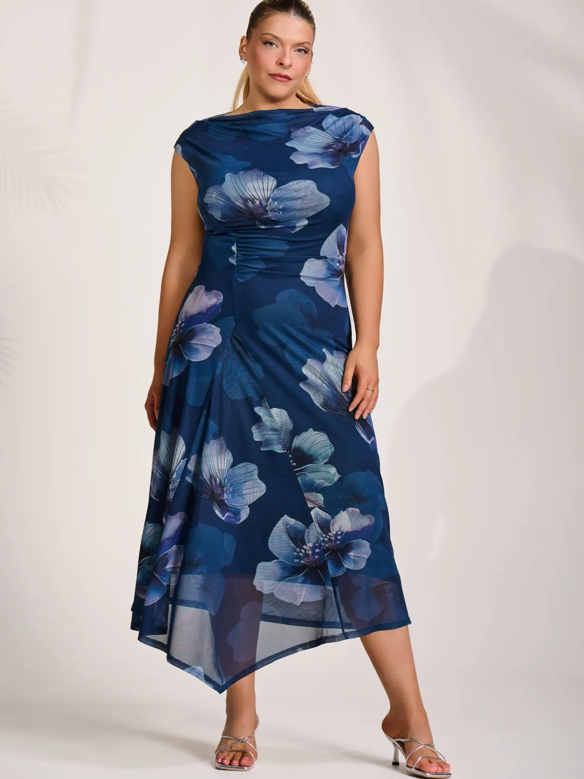 Asymmetric Draped Mesh Midaxi Dress, Navy Floral