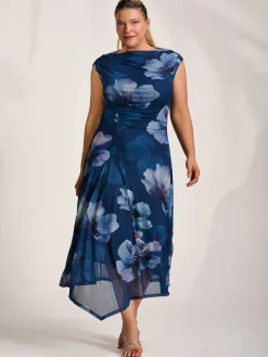 Asymmetric Draped Mesh Midaxi Dress, Navy Floral