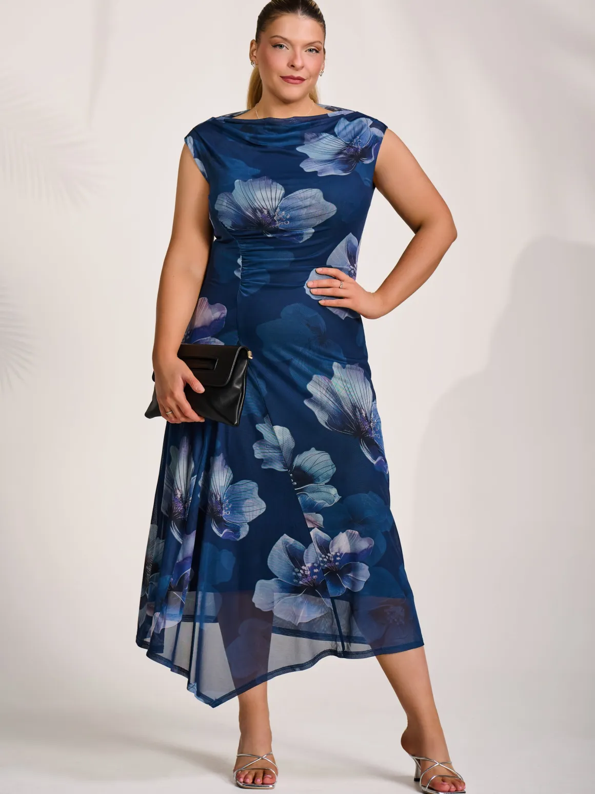 Asymmetric Draped Mesh Midaxi Dress, Navy Floral