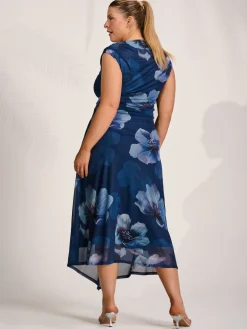 Asymmetric Draped Mesh Midaxi Dress, Navy Floral
