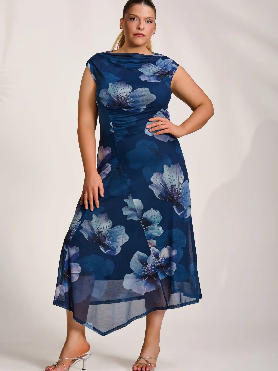 Asymmetric Draped Mesh Midaxi Dress, Navy Floral