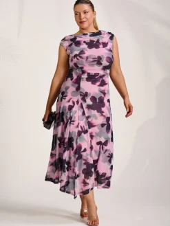 Asymmetric Draped Mesh Midaxi Dress, Pink Abstract