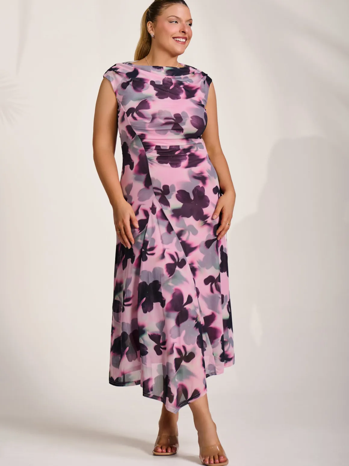 Asymmetric Draped Mesh Midaxi Dress, Pink Abstract
