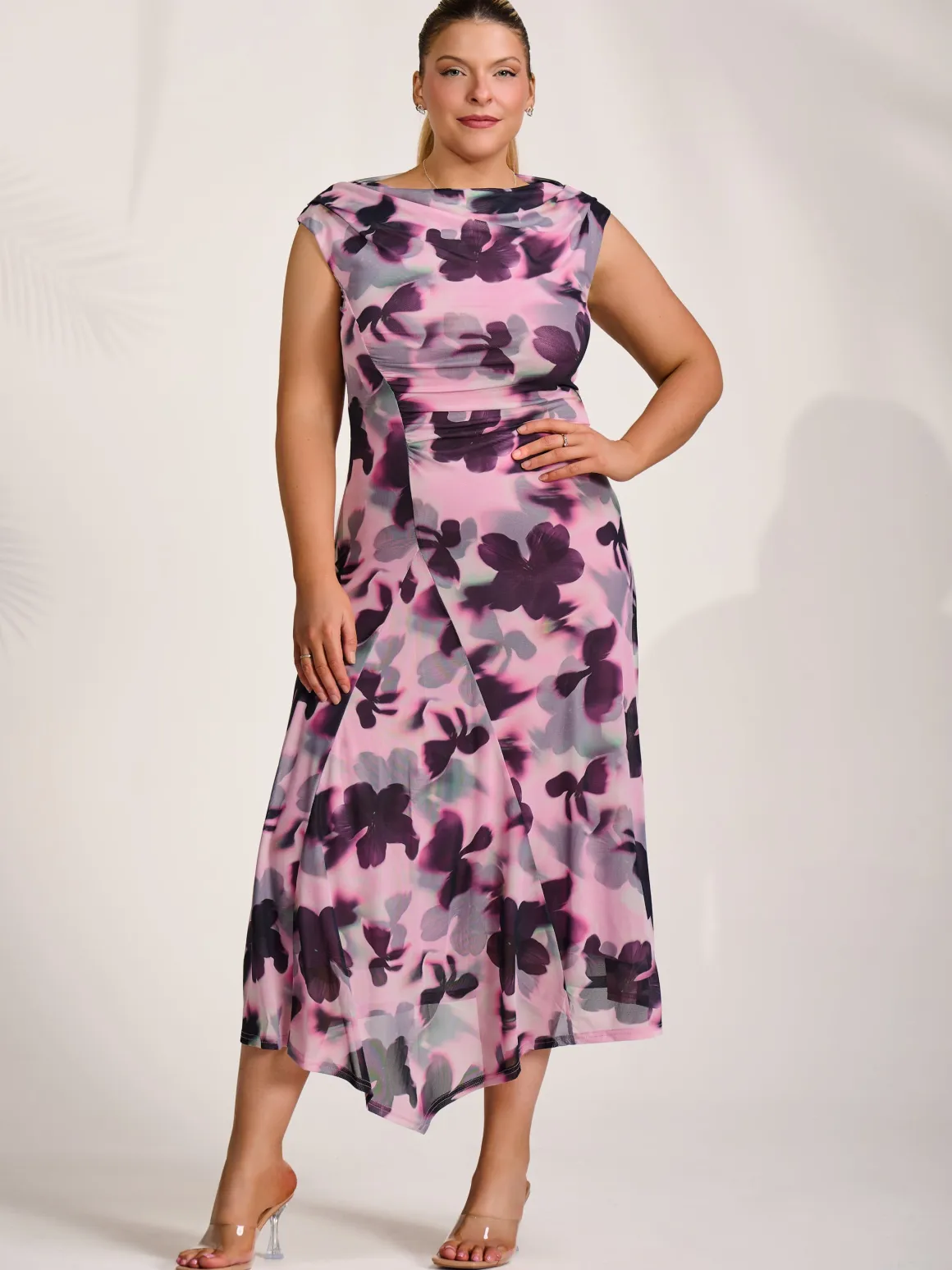 Asymmetric Draped Mesh Midaxi Dress, Pink Abstract