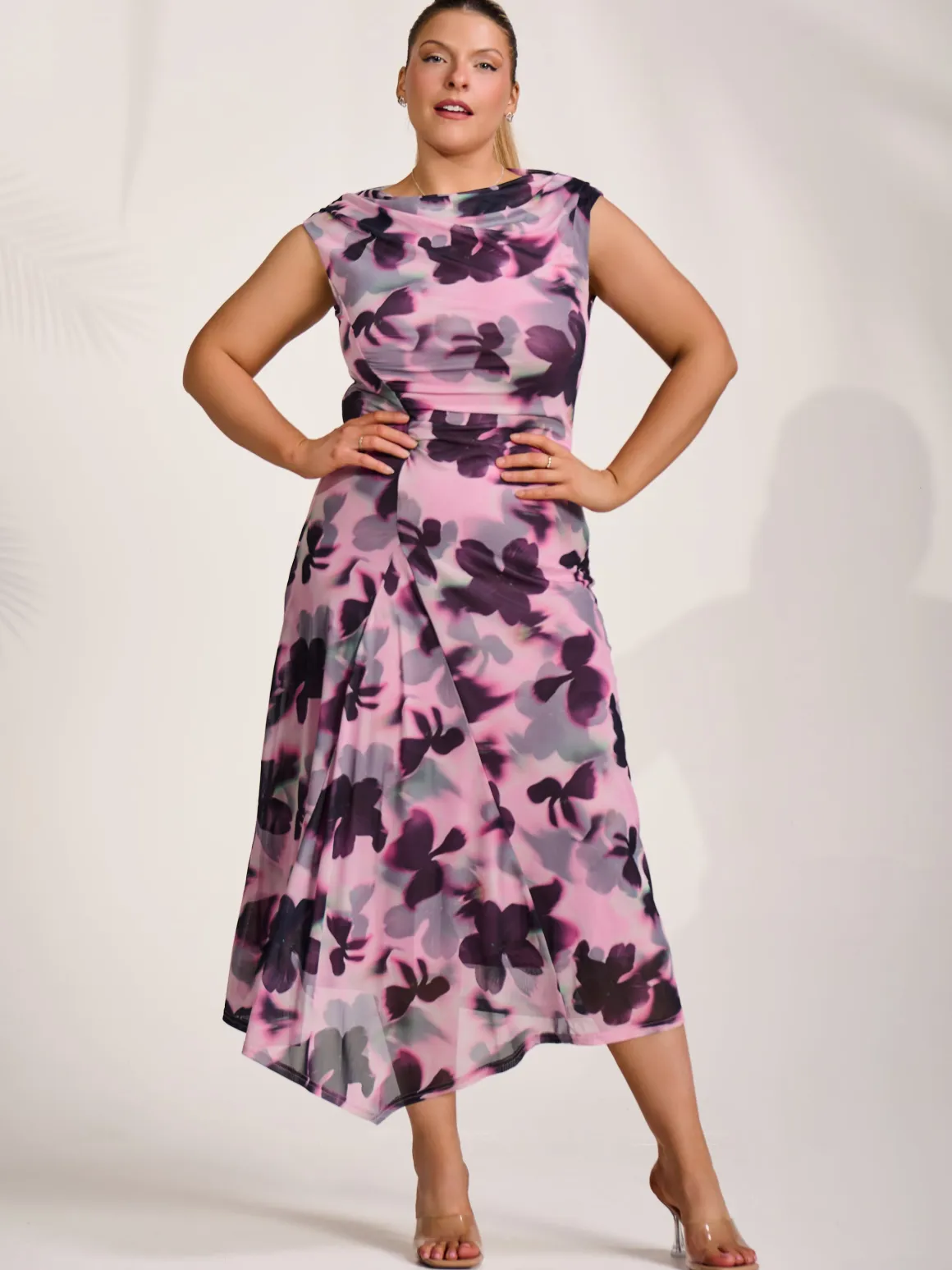Asymmetric Draped Mesh Midaxi Dress, Pink Abstract