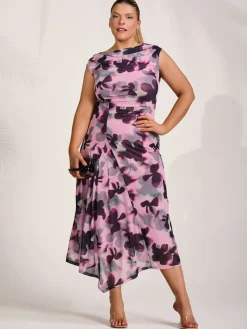 Asymmetric Draped Mesh Midaxi Dress, Pink Abstract