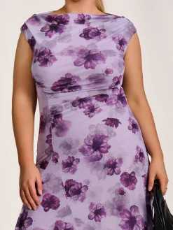 Asymmetric Draped Mesh Midaxi Dress, Purple Floral