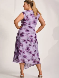 Asymmetric Draped Mesh Midaxi Dress, Purple Floral