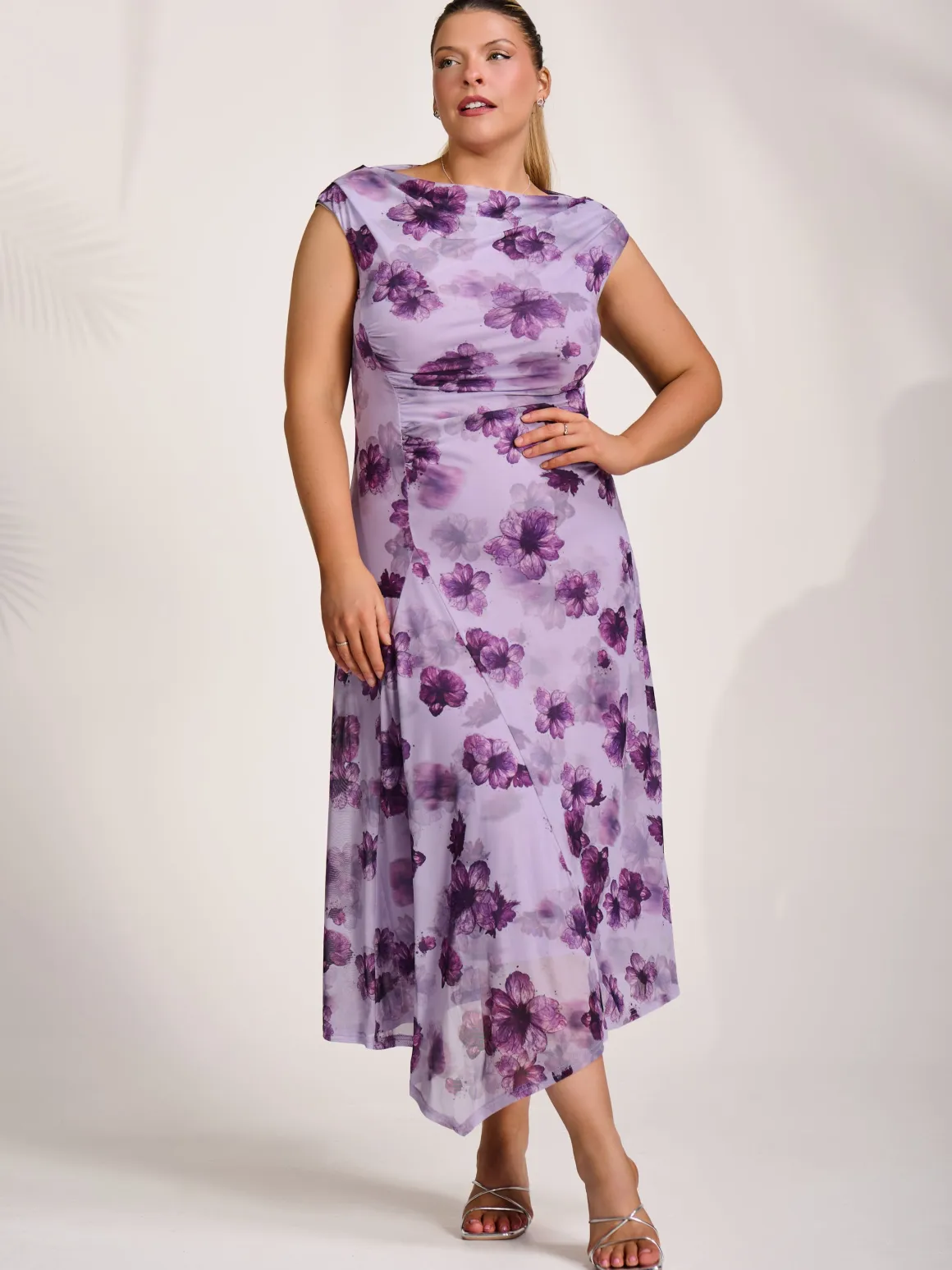 Asymmetric Draped Mesh Midaxi Dress, Purple Floral