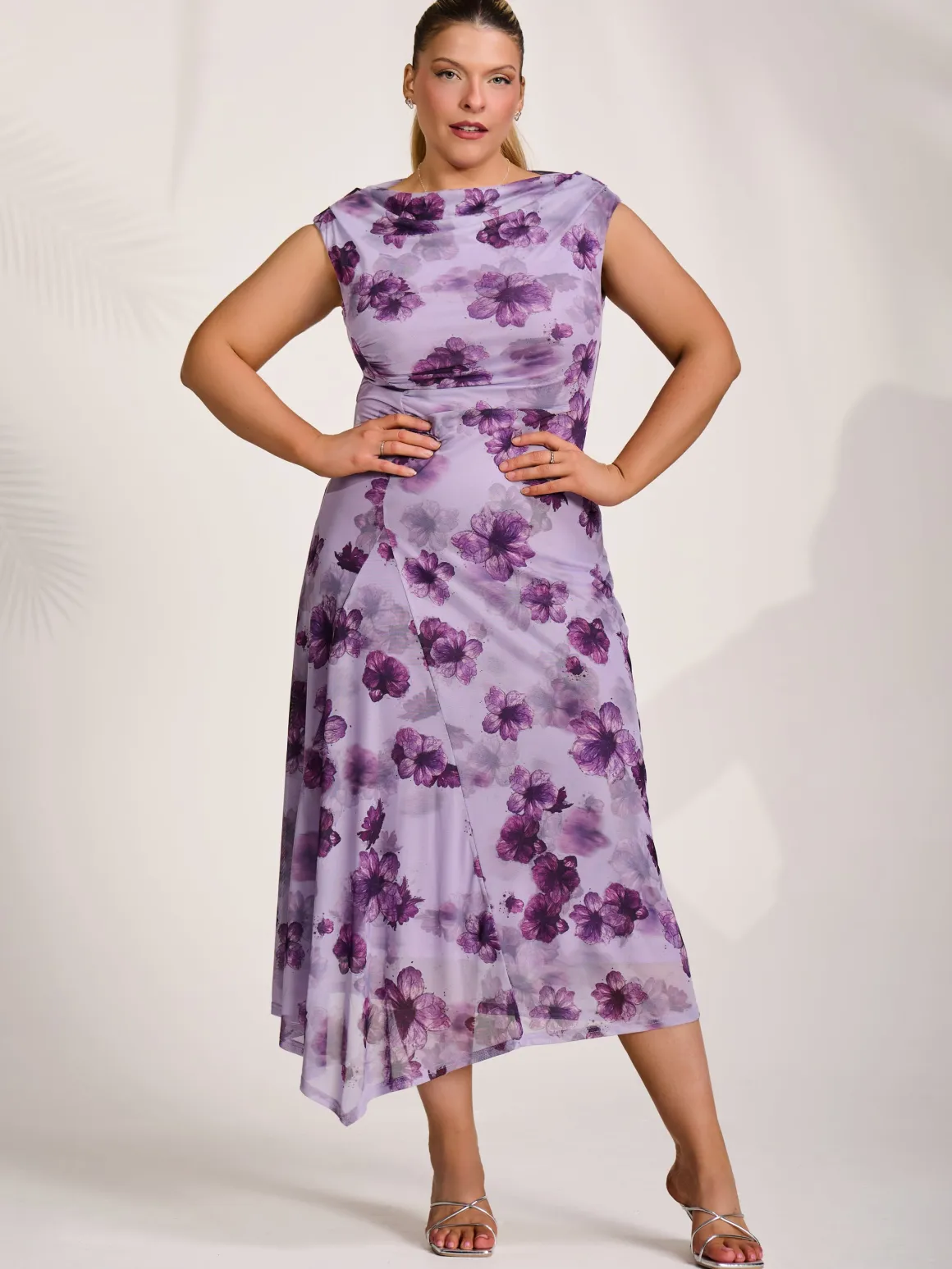 Asymmetric Draped Mesh Midaxi Dress, Purple Floral